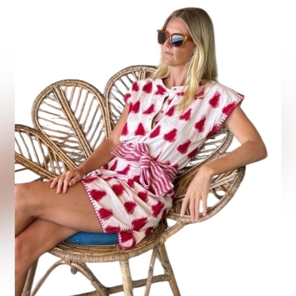 Valiante Topanga Mini Caftan in Red Ikat Cotton Dress Swim Cover
